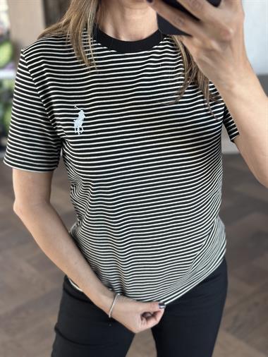 Siyah Çizgili Nakışlı Bisiklet Yaka Kadın T-Shirt