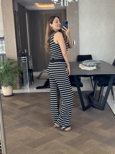 Siyah Çizgili Pantolon Yelek Triko Kadın İkili Takım