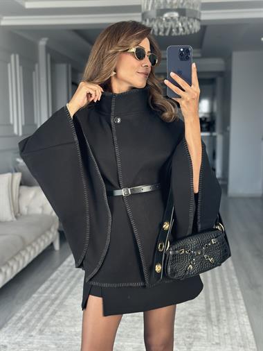 Siyah Çoban Dikişli Dik Yaka Kemerli Kadın Kaşe Panço