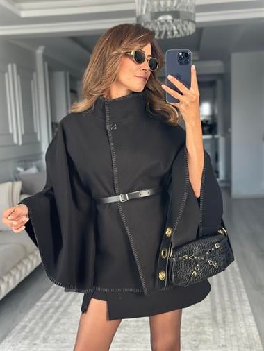 Siyah Çoban Dikişli Dik Yaka Kemerli Kadın Kaşe Panço