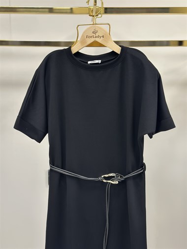 Siyah Cool Kemerli Bisiklet Yaka Midi Boy Kadın Elbise 