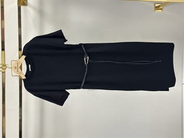 Siyah Cool Kemerli Bisiklet Yaka Midi Boy Kadın Elbise 