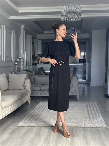 Siyah Cool Kemerli Bisiklet Yaka Midi Boy Kadın Elbise 