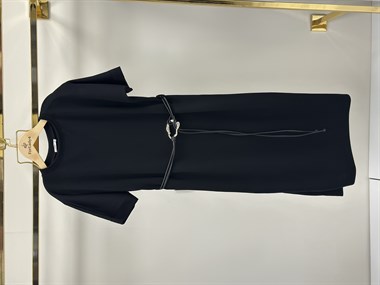 Siyah Cool Kemerli Bisiklet Yaka Midi Boy Kadın Elbise 