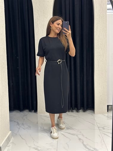 Siyah Cool Kemerli Bisiklet Yaka Midi Boy Kadın Elbise 