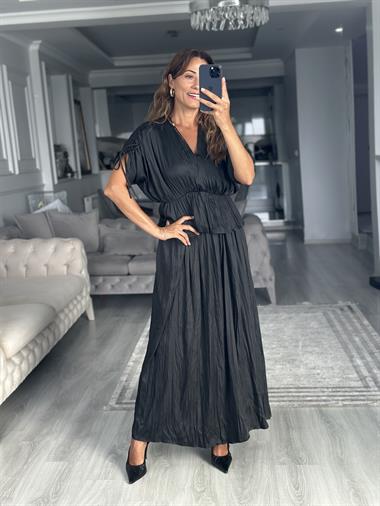 Siyah Crushlı Luna Bluz Etek Kadın İkili Takım