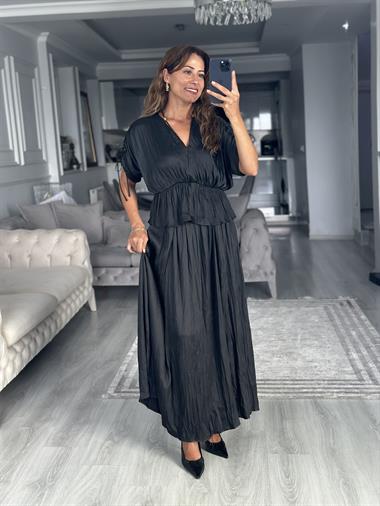 Siyah Crushlı Luna Bluz Etek Kadın İkili Takım