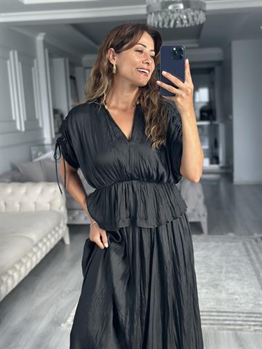 Siyah Crushlı Luna Bluz Etek Kadın İkili Takım