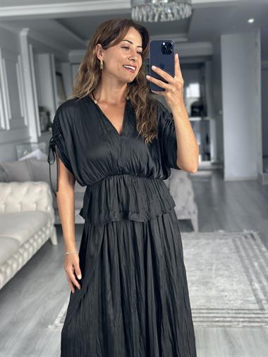 Siyah Crushlı Luna Bluz Etek Kadın İkili Takım