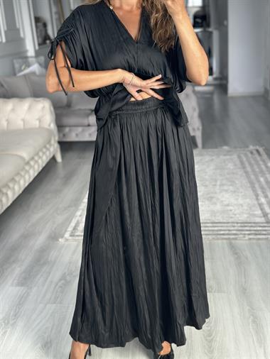 Siyah Crushlı Luna Bluz Etek Kadın İkili Takım