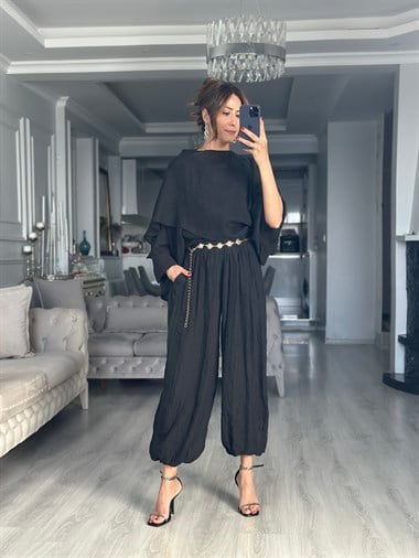 Siyah Crushlı Paçası Lastikli Kadın Pantolon
