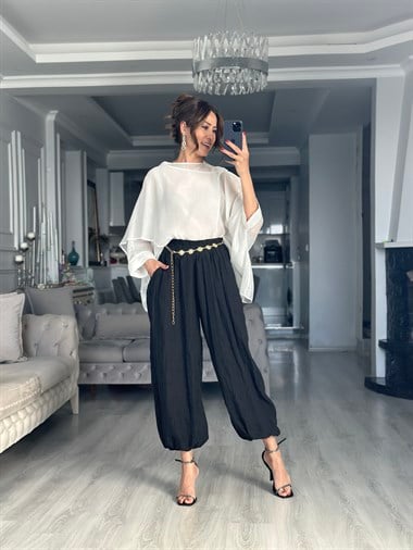 Siyah Crushlı Paçası Lastikli Kadın Pantolon