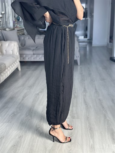 Siyah Crushlı Paçası Lastikli Kadın Pantolon