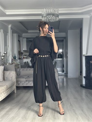 Siyah Crushlı Paçası Lastikli Kadın Pantolon