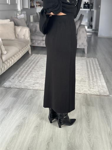 Siyah Dantel Detaylı Midi Boy Kadın Triko Etek