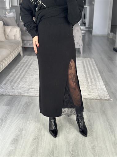 Siyah Dantel Detaylı Midi Boy Kadın Triko Etek