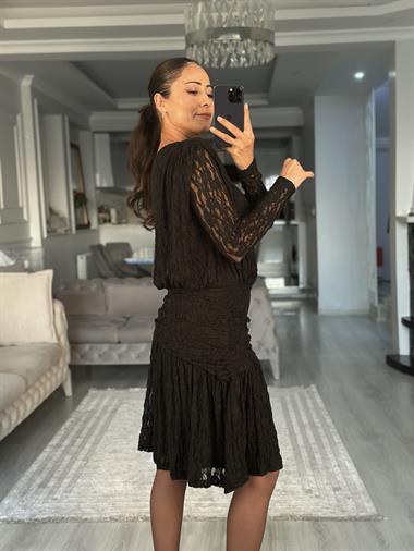 Siyah Dantel Drapeli Uzun Kol Kadın Mini Elbise 