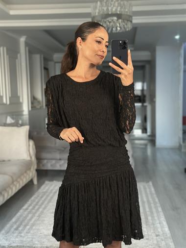 Siyah Dantel Drapeli Uzun Kol Kadın Mini Elbise 