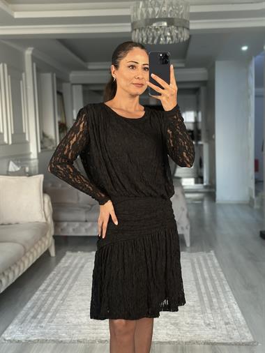 Siyah Dantel Drapeli Uzun Kol Kadın Mini Elbise 