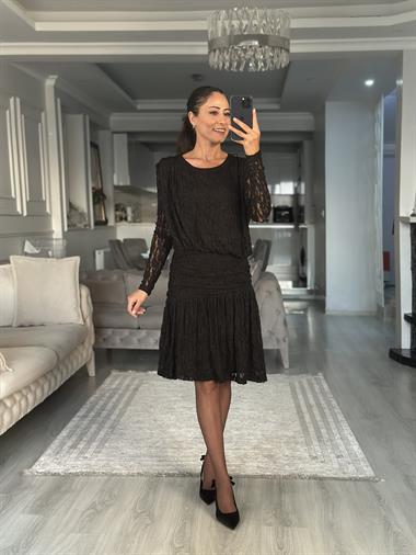 Siyah Dantel Drapeli Uzun Kol Kadın Mini Elbise 