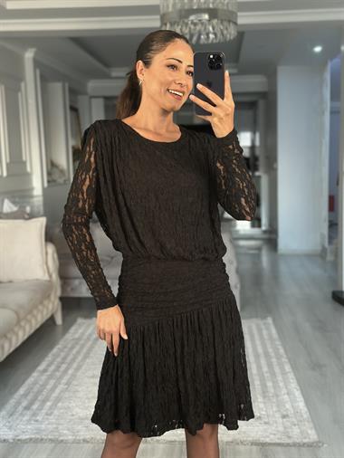 Siyah Dantel Drapeli Uzun Kol Kadın Mini Elbise 