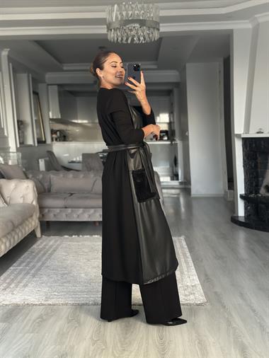 Siyah Deri Yelekli Kürk Cepli Kadın Üçlü Takım