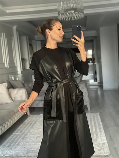 Siyah Deri Yelekli Kürk Cepli Kadın Üçlü Takım