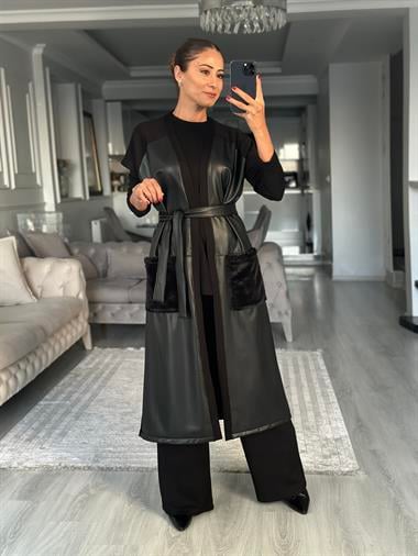 Siyah Deri Yelekli Kürk Cepli Kadın Üçlü Takım