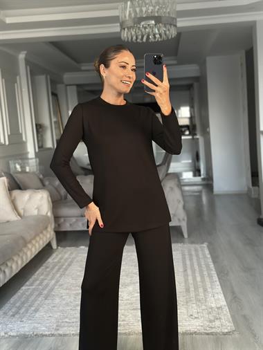 Siyah Deri Yelekli Kürk Cepli Kadın Üçlü Takım