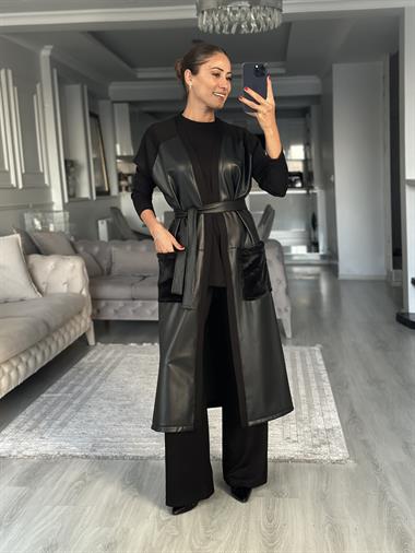 Siyah Deri Yelekli Kürk Cepli Kadın Üçlü Takım