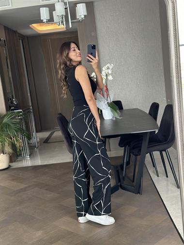Siyah Desenli Beli Lastikli Bürümcük Kadın Pantolon