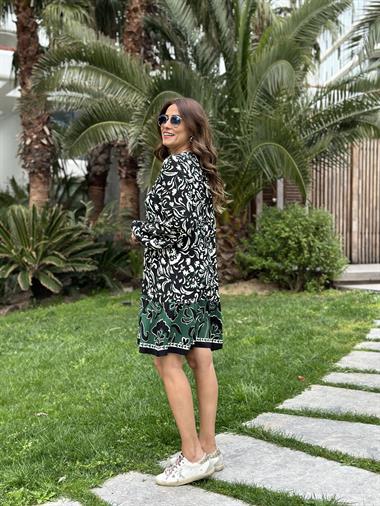 Siyah Desenli Hakim Yaka Orjinal Marka Kadın Mini Elbise