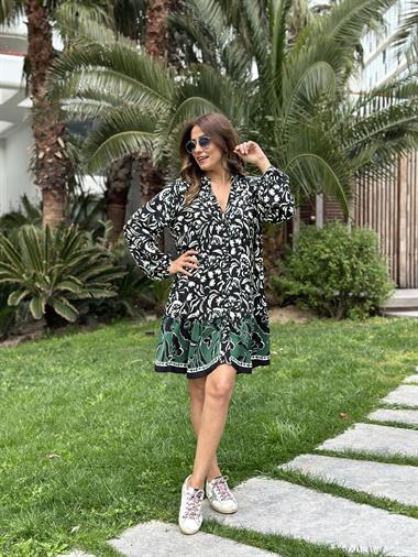 Siyah Desenli Hakim Yaka Orjinal Marka Kadın Mini Elbise