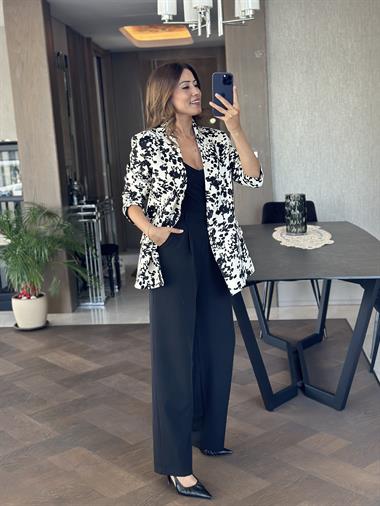 Siyah Desenli İpek Saten Orjinal Marka Blazer Kadın Ceket