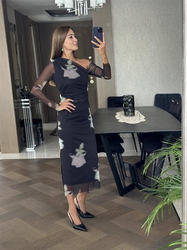 Siyah Desenli Omuz Detay Tüllü Kadın Elbise