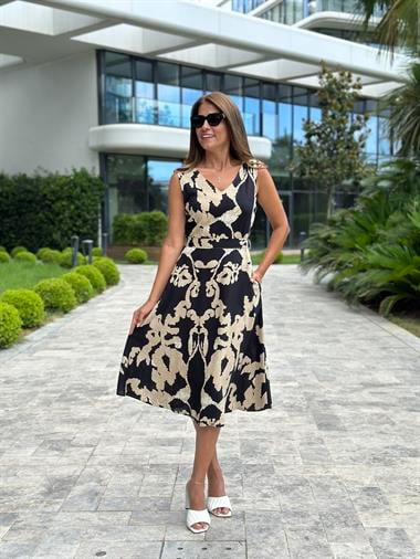 Siyah Desenli Ön Arka V Yaka Kolsuz Viskon Kadın Elbise