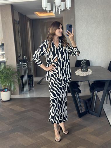 Siyah Desenli Orjinal Marka Gömlek Etek Kadın İkili Takım