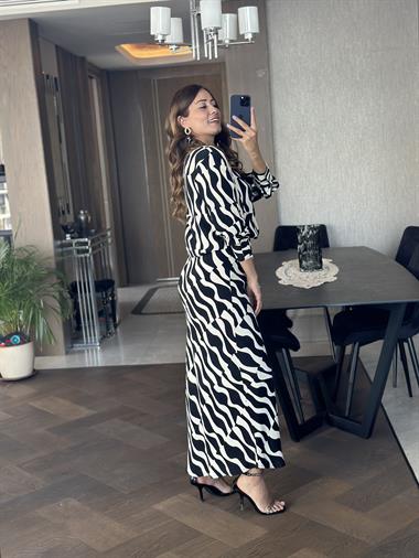 Siyah Desenli Orjinal Marka Gömlek Etek Kadın İkili Takım