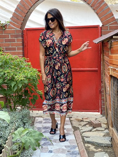 Siyah Desenli Sıfır Kol Hakim Yaka Saten Kadın Elbise