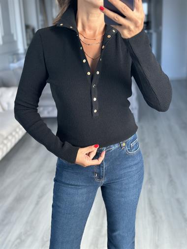Siyah Dik Yaka Çıtçıt Düğmeli Kadın Triko Kazak