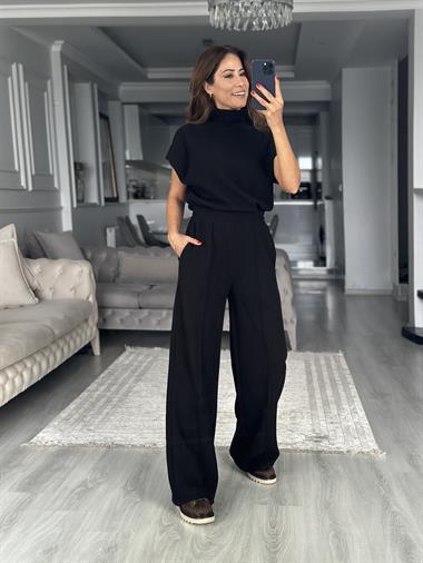 Siyah Dik Yaka Kolsuz Bluz Pantolon Selanik Kadın İkili Takım