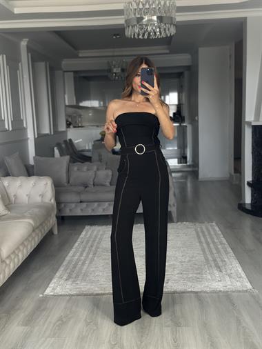 Siyah Dikiş Detaylı Straplez Kadın Tulum