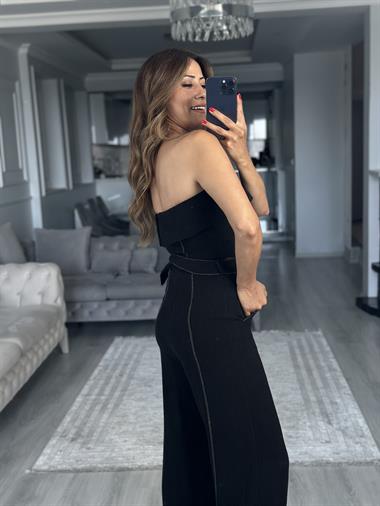 Siyah Dikiş Detaylı Straplez Kadın Tulum