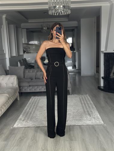 Siyah Dikiş Detaylı Straplez Kadın Tulum