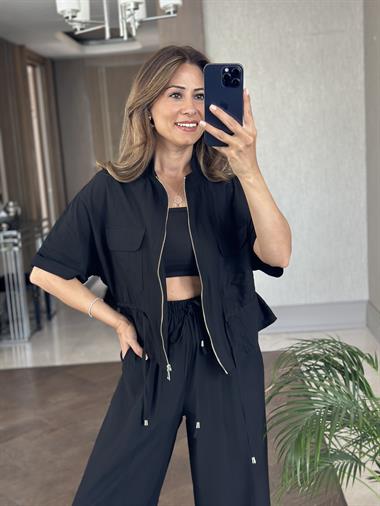 Siyah Dokulu Beli Bağcıklı Ceket Pantolon Kadın Alt Üst Takım