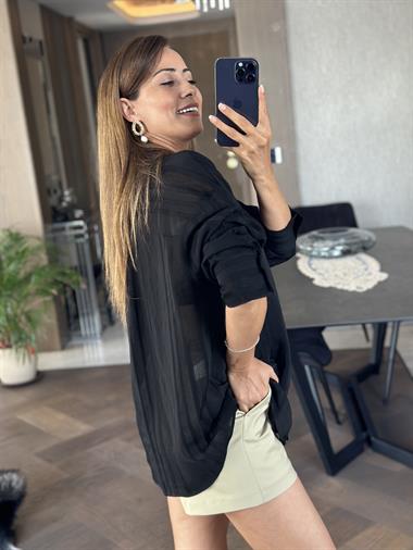 Siyah Dokulu Transparan Kadın Gömlek