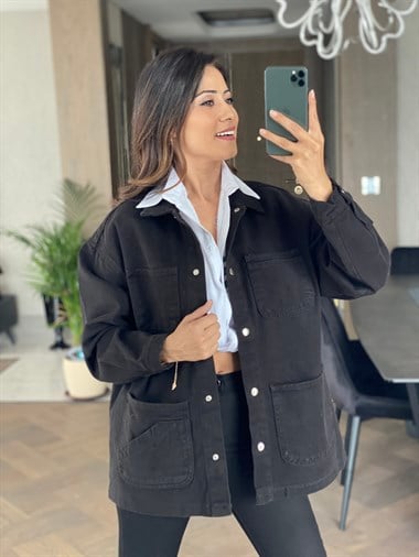 Siyah Dört Cepli Gabardin Trençkot