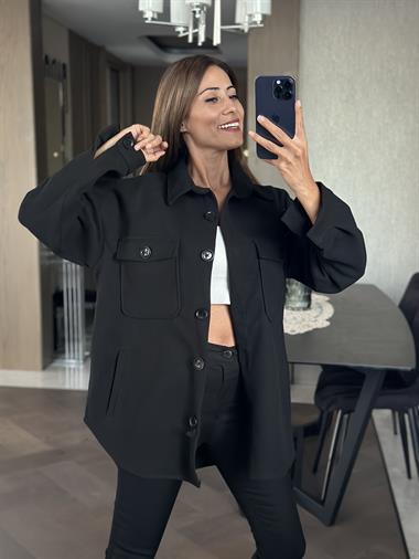 Siyah Dört Cepli İthal Kaşe Kadın Gömlek