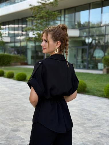 Siyah Duble Kol Gömlek Pantolon Keten Kadın İkili Takım