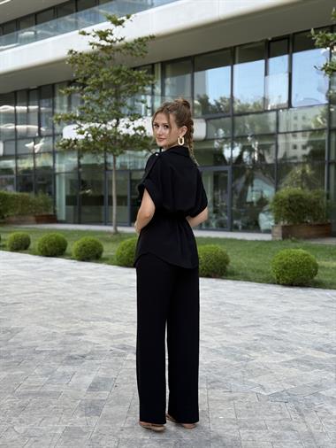 Siyah Duble Kol Gömlek Pantolon Keten Kadın İkili Takım